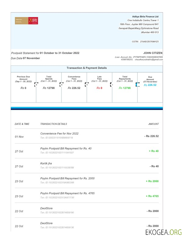 Inde Aditya Birla Finance Ltd faux relevé bancaire Modèle Word et PDF, 3 pages